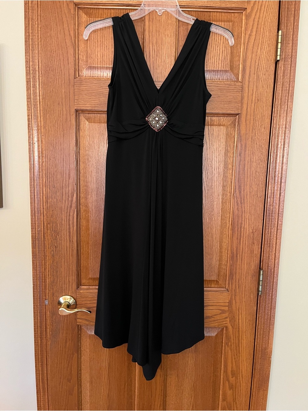 London Times Black Handkerchief Hem Embellished Cocktail Midi Dress Size 10